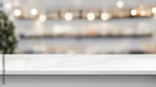 White Marble Countertop with Defocused Bokeh Background for Product Display