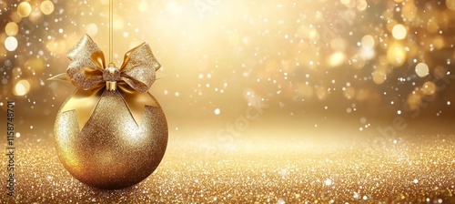 Elegant Christmas Ornament Shimmering Gold Bauble with Luxurious Ribbon on Festive Background photo