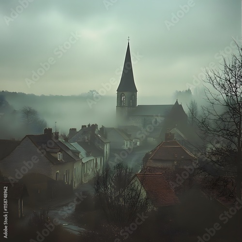 Fog surrounding  village with church steeple emerging from mist