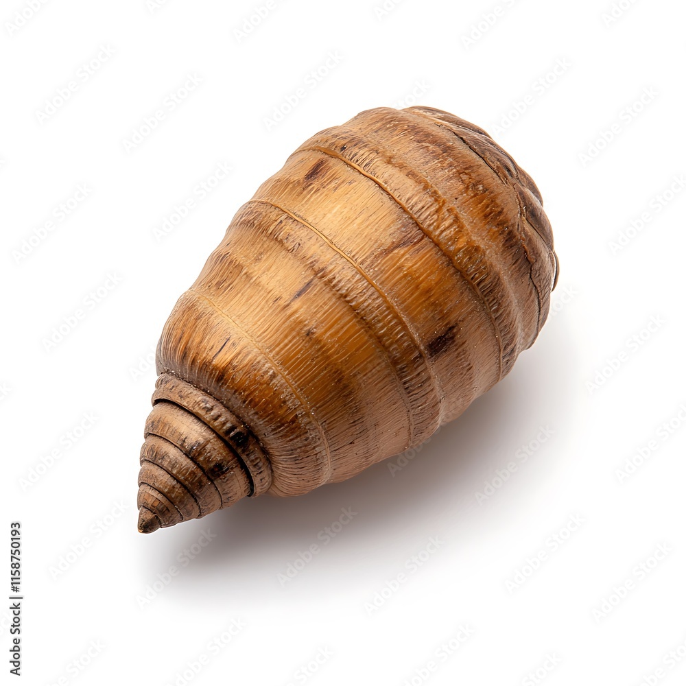 Close-up of a unique, handcrafted, brown, wooden, spiral-shaped container isolated on white background. Close-up of a unique, handcrafted, brown, wooden, spiral-shaped container isolated on white background.