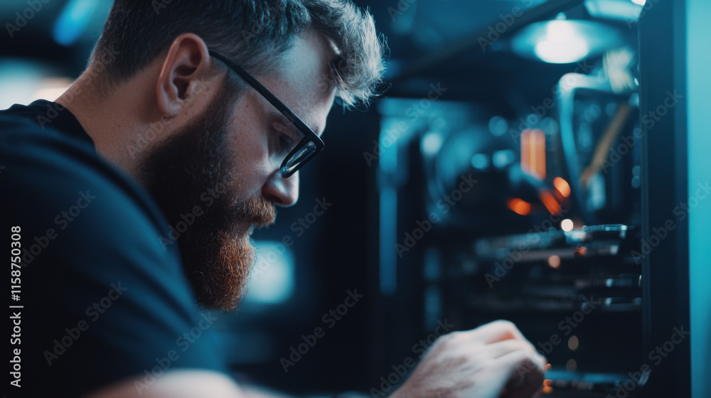 Building custom PC, tech enthusiast focuses on components with precision and care. ambient lighting enhances futuristic atmosphere of workspace Building custom PC, tech enthusiast focuses on components with precision and care. ambient lighting enhances futuristic atmosphere of workspace