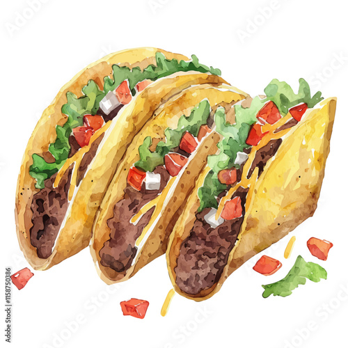 A watercolor of Mexican tacos with ground beef, cheese, and lettuce, isolated on a white background. Taco vector.
