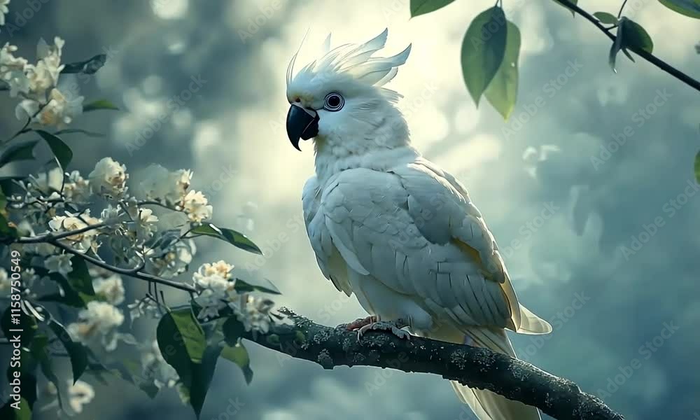 White Cockatoo Perched on Blossoming Branch
White Cockatoo Perched on Blossoming Branch