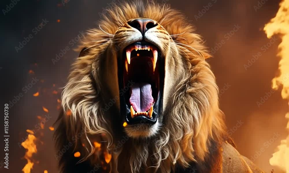 Fierce Lion Roaring in Fiery Glow
