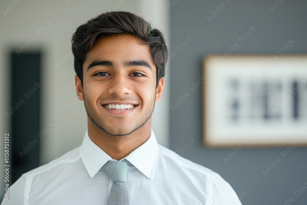 Confident young man smiling in a modern office setting during the afternoon with a professional appearance and casual demeanor Confident young man smiling in a modern office setting during the afternoon with a professional appearance and casual demeanor