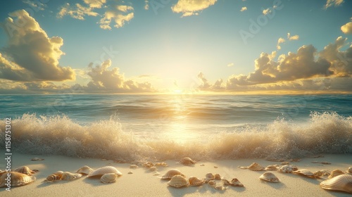 Seashells on sandy beach at sunset.