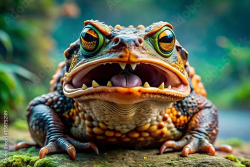 Angry Amphibian Creature, Thick Skin, Unusual Teeth, Fantasy Monster, Medium Shot, Digital Art, Concept Art photo