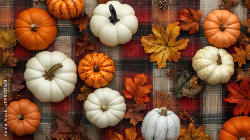 Assorted pumpkins and autumn leaves arranged on a plaid fabric background. Assorted pumpkins and autumn leaves arranged on a plaid fabric background.