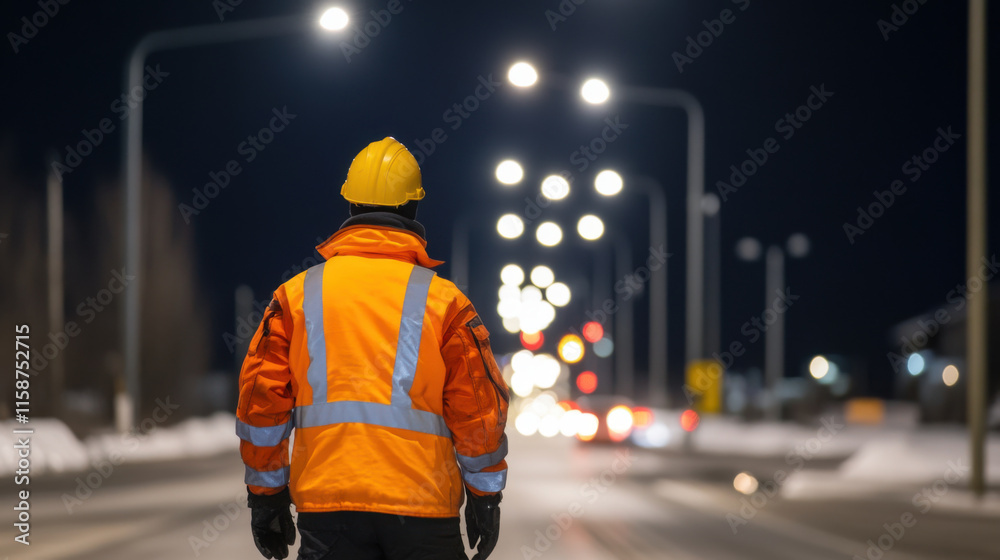 worker in reflective gear stands on road at night, directing traffic under bright streetlights. scene conveys sense of safety and vigilance worker in reflective gear stands on road at night, directing traffic under bright streetlights. scene conveys sense of safety and vigilance