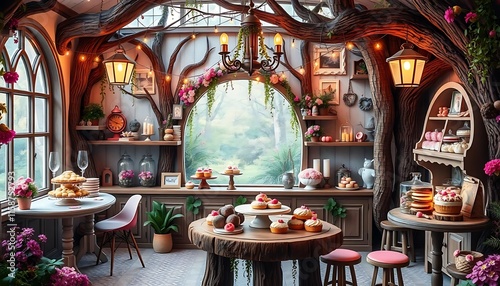 Enchanting Bakery Shop Decorated With Wooden Tree Branches photo