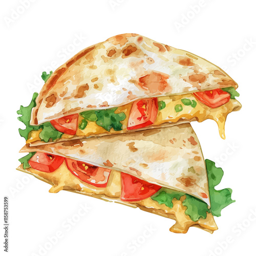 A watercolor drawing of a Mexican quesadilla with cheese and chicken, isolated on a white background. Quesadilla vector.
