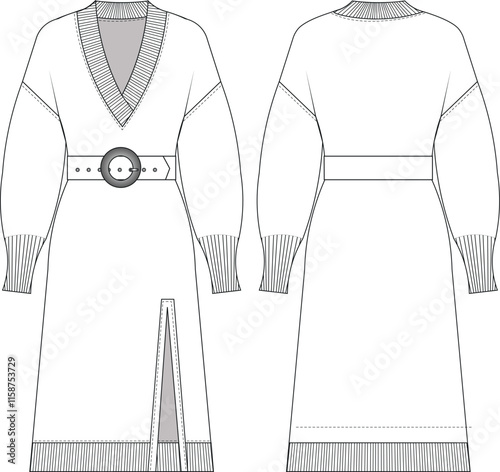 ribbed v neck belted drop shoulder long balloon sleeve slitted short midi h line knitted dress template technical drawing flat sketch cad mockup fashion woman design style model 
