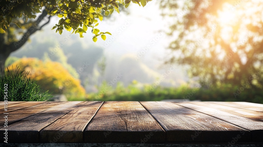Empty wooden table with blurred park background in sunny day Empty wooden table with blurred park background in sunny day