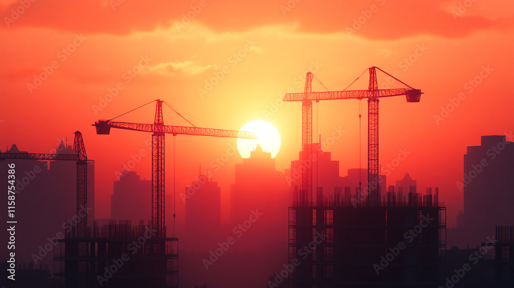 Sunset over construction site with cranes silhouetted against sky Sunset over construction site with cranes silhouetted against sky