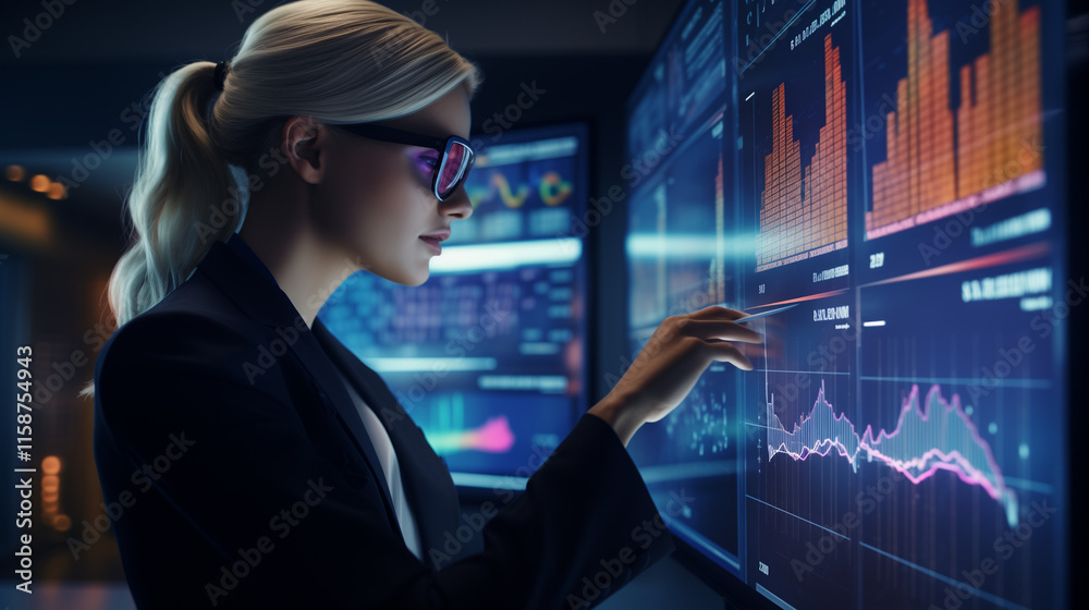 A business woman using augmented reality glasses to view holographic financial charts, futuristic office environment, glowing tech interface, dynamic lighting A business woman using augmented reality glasses to view holographic financial charts, futuristic office environment, glowing tech interface, dynamic lighting