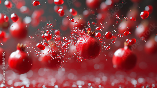 Pomegranates fall in motion on a red background. Close-up of many pomegranates falling in motion. AI generative
 photo