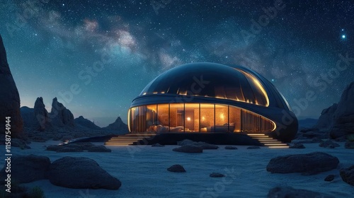 A futuristic dome-shaped house illuminated with neon lights in a desert landscape under a starry night, photo