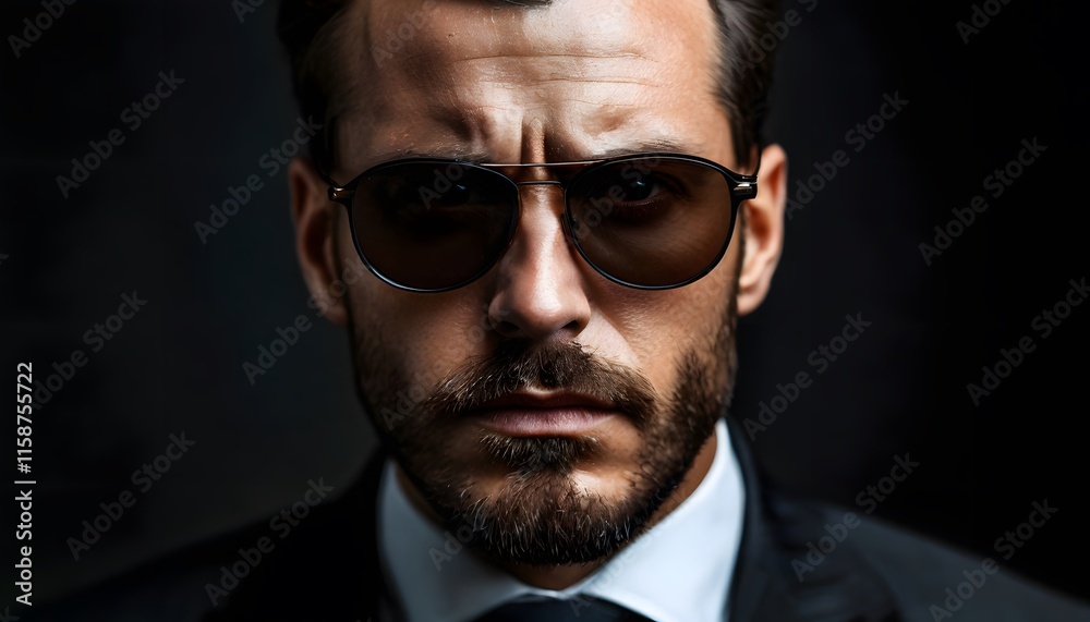 Intense man wearing sunglasses, serious expression, formal attire, close-up portrait, dramatic lighting. Intense man wearing sunglasses, serious expression, formal attire, close-up portrait, dramatic lighting.