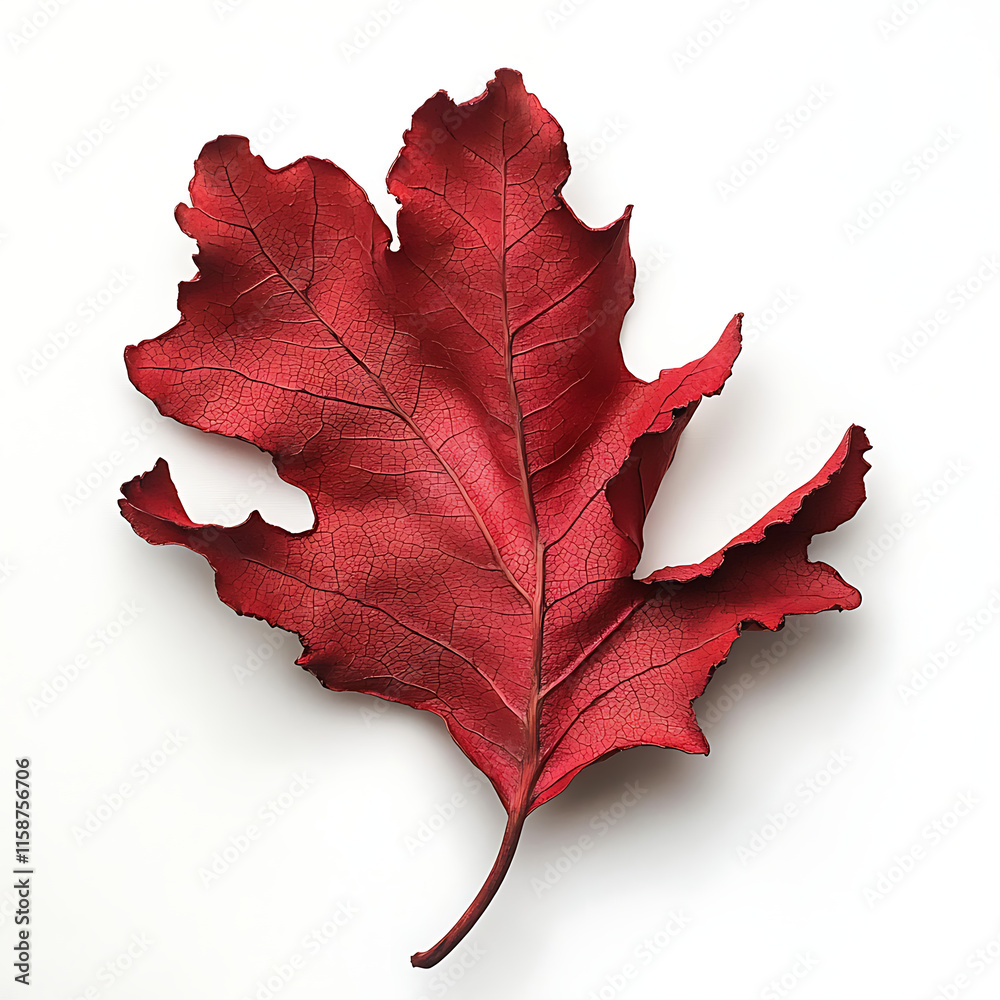 A vibrant red oak leaf with jagged edges, positioned on a pristine white backdrop, showcasing its bold color and natural imperfections. A vibrant red oak leaf with jagged edges, positioned on a pristine white backdrop, showcasing its bold color and natural imperfections.