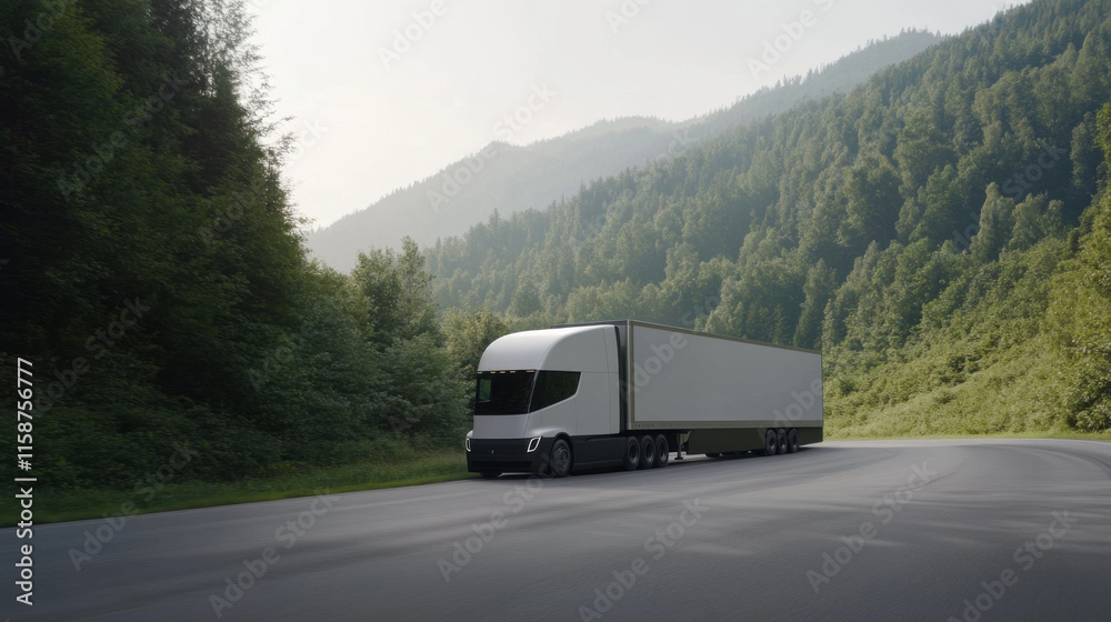 Eco friendly truck driving on scenic road surrounded by mountains and trees, showcasing sustainable transportation. vehicle emphasizes modern design and environmental consciousness Eco friendly truck driving on scenic road surrounded by mountains and trees, showcasing sustainable transportation. vehicle emphasizes modern design and environmental consciousness