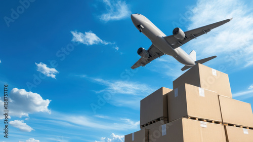 Efficient air cargo services with plane flying over stacked boxes, showcasing seamless logistics and transportation solutions