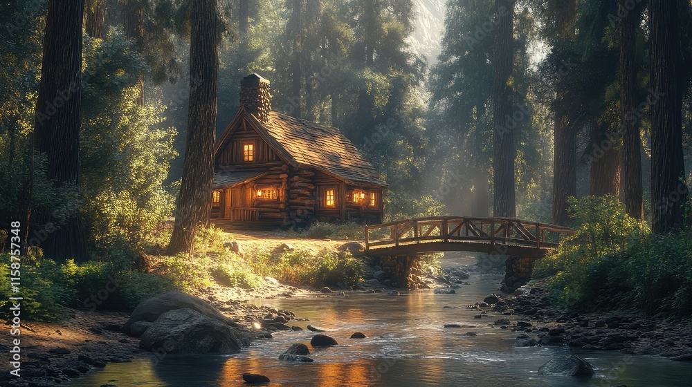 custom made wallpaper toronto digitalA log cabin surrounded by towering redwood trees, with a rustic wooden bridge crossing a stream nearby, 8k, realistic, full ultra HD, high resolution, cinematic photography