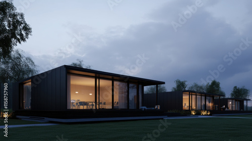 Modern modular homes with large windows at dusk, showcasing sleek design and outdoor landscaping. serene atmosphere highlights contemporary architecture and functionality