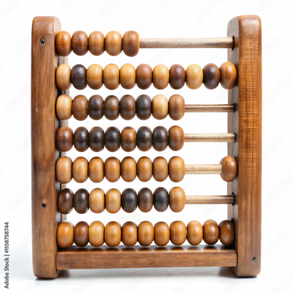 An old wooden abacus with colorful beads, set against a white background, ideal for historical, educational, An old wooden abacus with colorful beads, set against a white background, ideal for historical, educational,