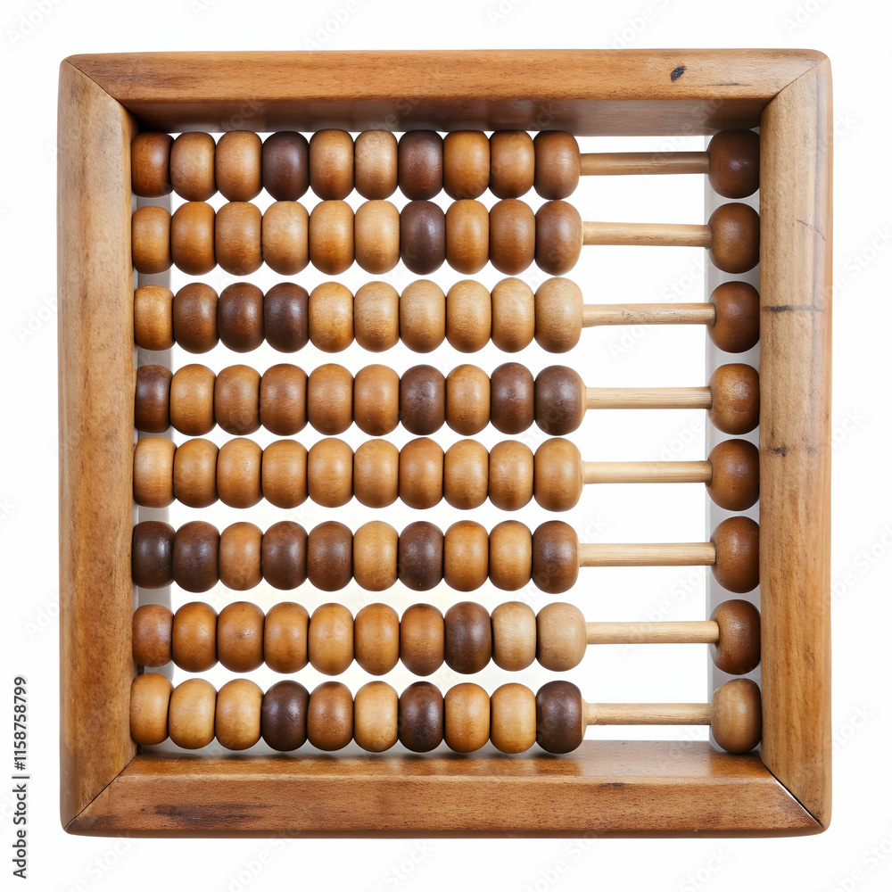 An old wooden abacus with colorful beads, set against a white background, ideal for historical, educational, An old wooden abacus with colorful beads, set against a white background, ideal for historical, educational,