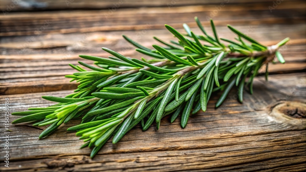 Fresh rosemary sprigs on a rustic wooden table, with a few leaves scattered around, nature, evergreen, nature Fresh rosemary sprigs on a rustic wooden table, with a few leaves scattered around, nature, evergreen, nature