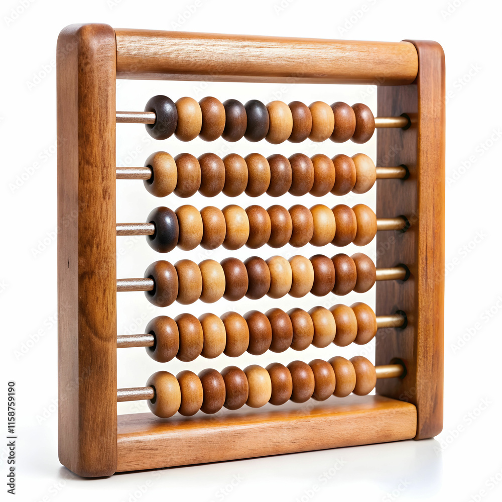 An old wooden abacus with colorful beads, set against a white background, ideal for historical, educational, An old wooden abacus with colorful beads, set against a white background, ideal for historical, educational,