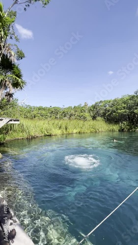 Heart Cenote in Mexico with crystal-clear waters and visible stones. A person happily jumping into the water. Warm, blue-green waters perfect for a family vacation in Yucatán, Mexico.
