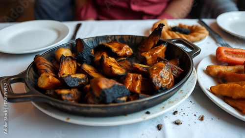 Burnt meal on the table unappetizing and inedible with no one present photo