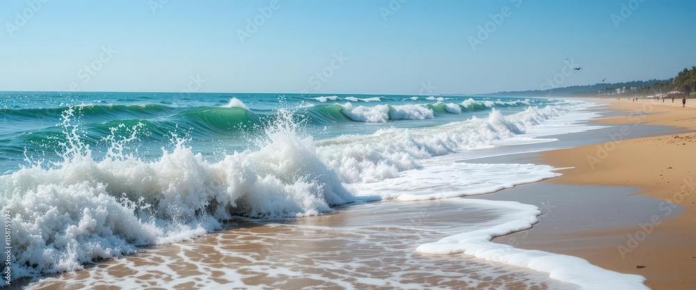Fototapeta premium Scenic view of ocean waves crashing on sandy beach under clear skies.