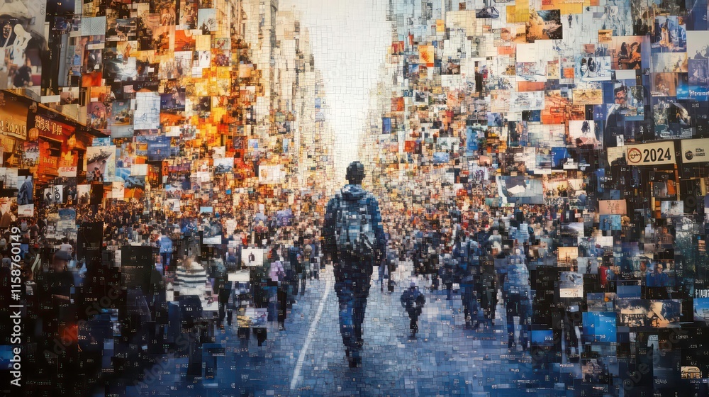 Obraz premium A lone figure walks down a city street amidst a collage of images and people, representing the overwhelming nature of modern life and information overload.