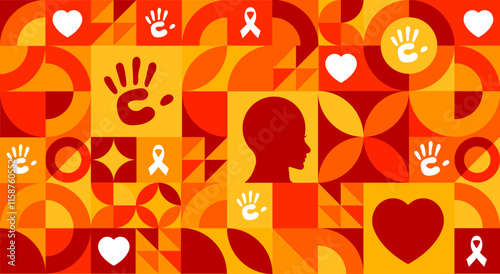 National Teen Dating Violence Awareness and Prevention Month geometric shape pattern background banner or poster design template with ribbon, hand and love icon. observed every year in February.