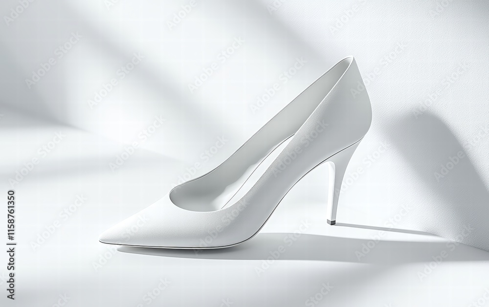 Elegant pump with minimalistic detailing floating against a crisp white background Elegant pump with minimalistic detailing floating against a crisp white background