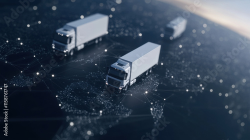 Logistic software visualization with trucks on global network, showcasing transportation efficiency and connectivity. image highlights modern logistics technology