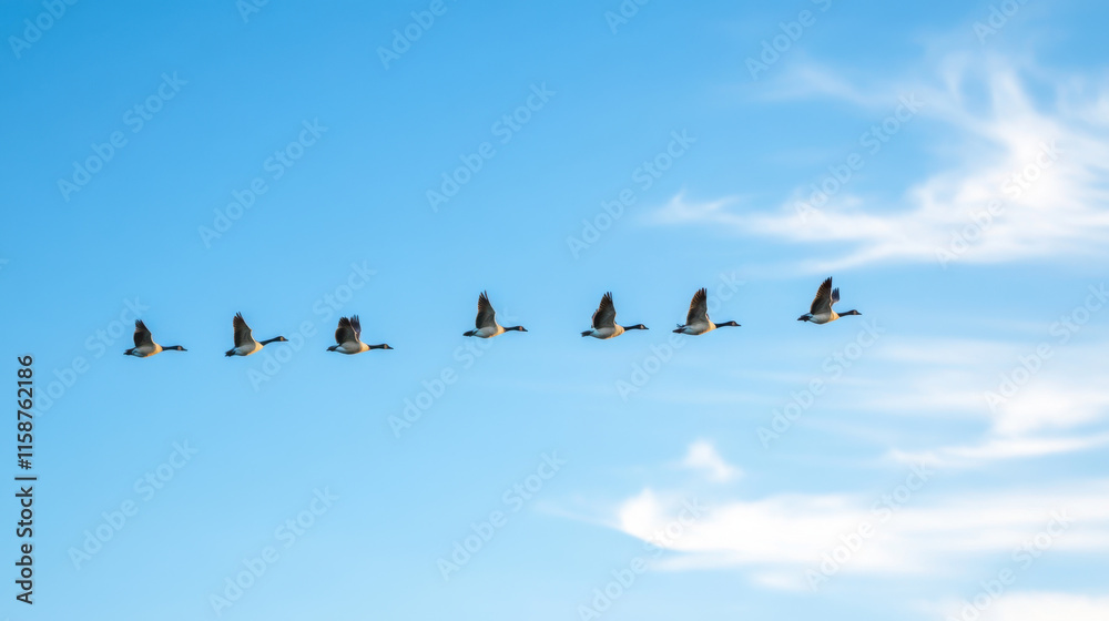 Migrating geese flying in V formation against clear blue sky, showcasing nature beauty and changing seasons Migrating geese flying in V formation against clear blue sky, showcasing nature beauty and changing seasons