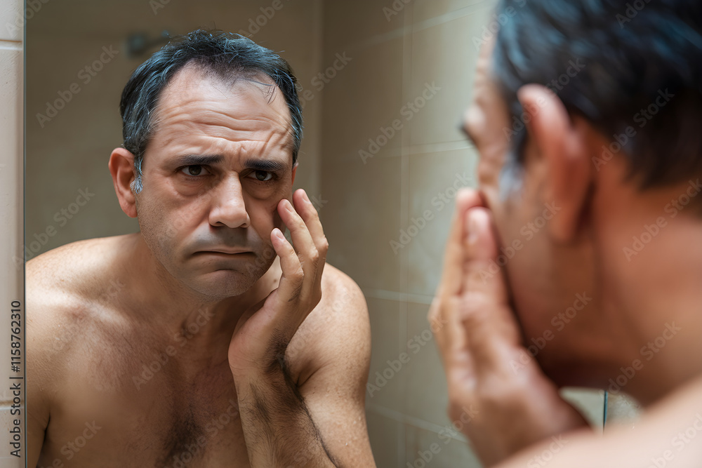 Man Examining His Reflection with Concern in Bathroom Mirror Man Examining His Reflection with Concern in Bathroom Mirror