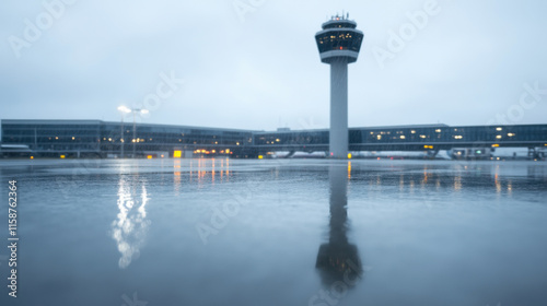 Reflection of air traffic control tower on wet runway after rain, creating serene atmosphere. scene captures calmness of airport in overcast weather