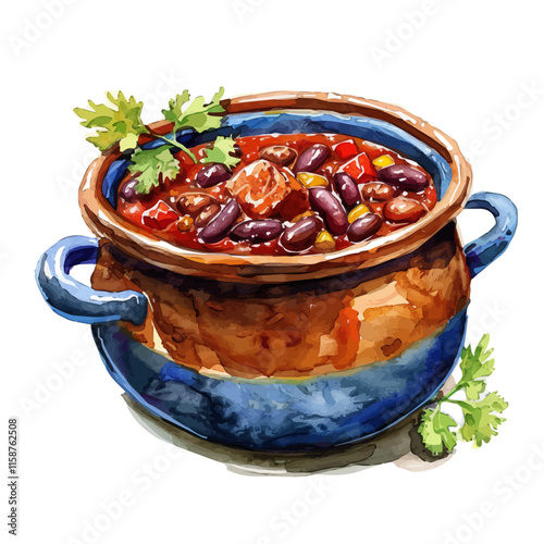 A watercolor painting of Mexican chili con carne with beans, isolated on a white background. Chili con carne vector.
