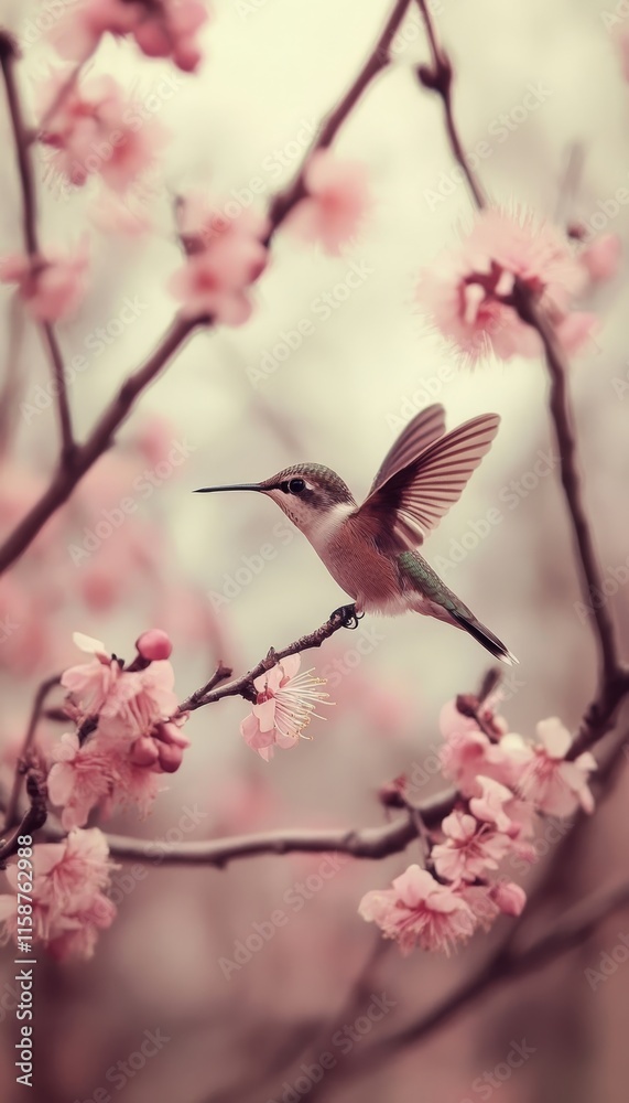 Fototapeta premium Hummingbird in Flight amidst Delicate Cherry Blossoms Breathtaking Moment of Nature s Beauty