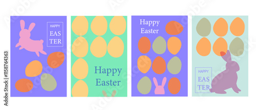 Colorful geometric happy easter card set with eggs and bunnies.