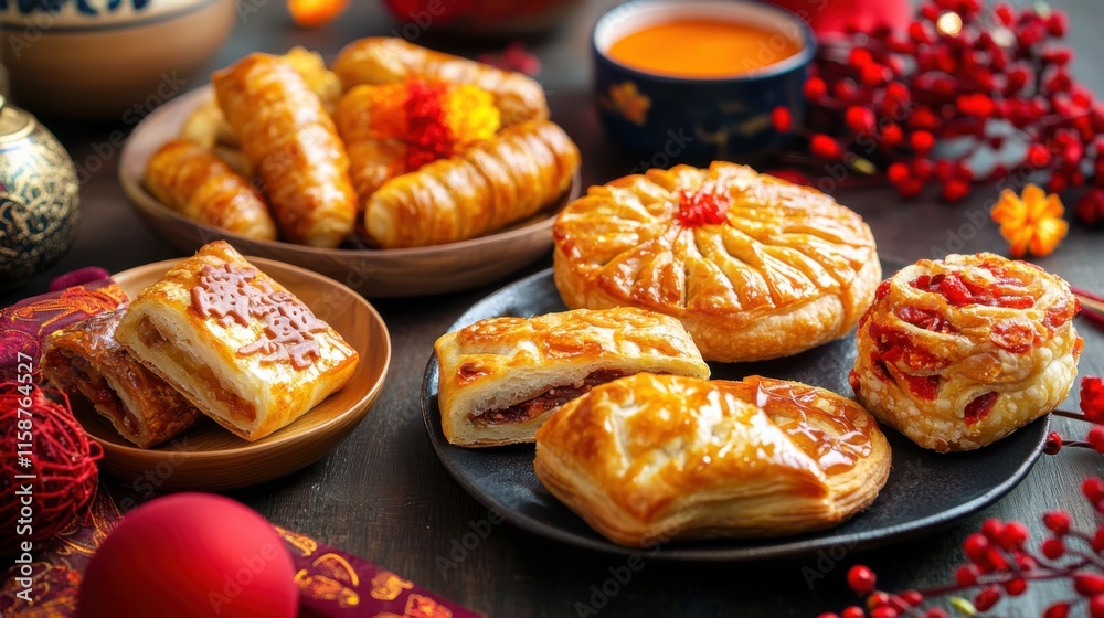 Traditional Chinese New Year pastries and snacks on a table, Traditional Chinese New Year pastries and snacks on a table,