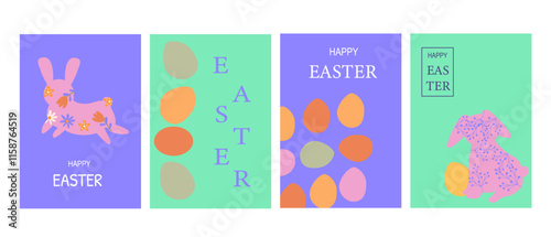 Happy easter geometry set with colorful egg and bunny designs for cards and posters.