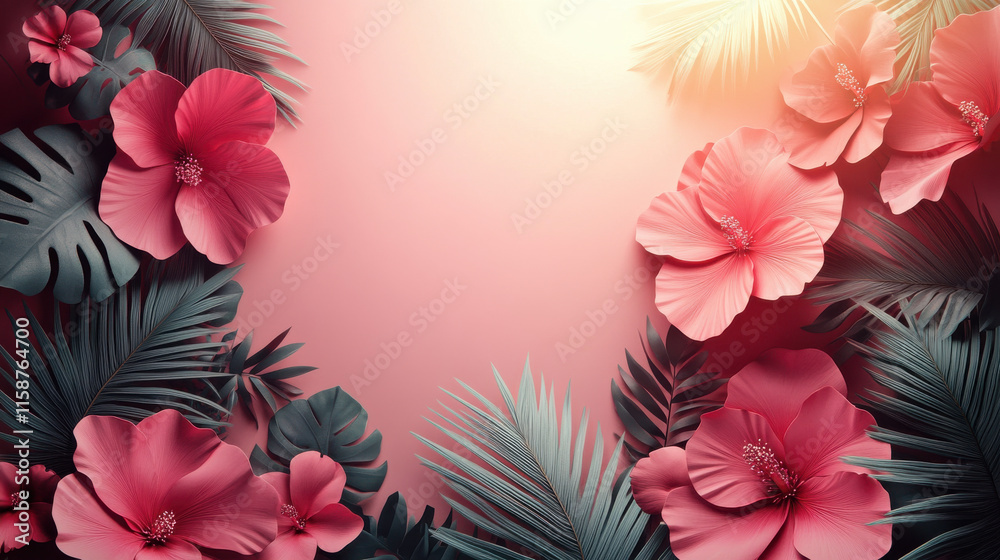 Obraz premium Hibiscus-like Flowers and Palm Fronds, Vibrant Tropical Digital Illustration, for Travel Ads, Lifestyle Branding, Event Invitations