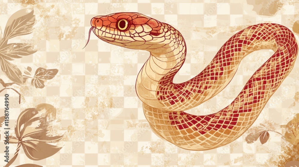 Obraz premium Traditional Japanese-inspired New Year card, snake coiled