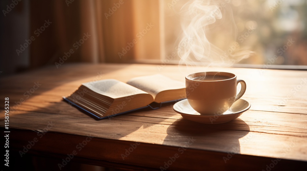 A close-up of an open book on a wooden desk, with a steaming cup of tea, glasses, and a pen nearby, sunlight streaming through a window, peaceful and focused vibe A close-up of an open book on a wooden desk, with a steaming cup of tea, glasses, and a pen nearby, sunlight streaming through a window, peaceful and focused vibe