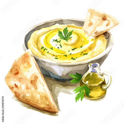 A watercolor clipart of Lebanese hummus with olive oil and pita, isolated on a white background. Hummus vector.
